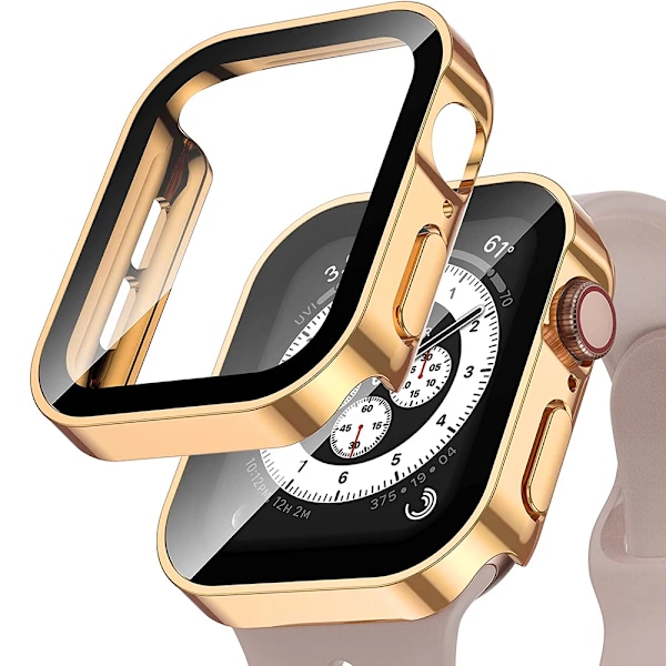 Vattentätt fodral för Apple Watch 7 8 9 45mm 41mm skärmskydd Glas+ cover Bumper Härdat glas iWatch 5 SE 6 44mm 40mm Tillbehör Roséguld Rose Gold