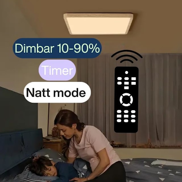 LED Taklampe 36W Dimbar - 3 Fargetemperaturer, Timer, Nattmodus - For Soverom, Bad, Kjøkken - Hvit 30x30cm [Energiklasse E]