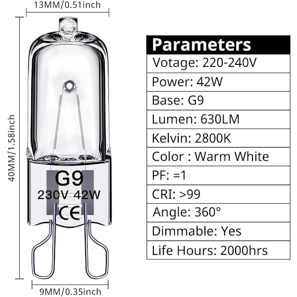 G9 halogenlamper 42W, 230V, 10-pak