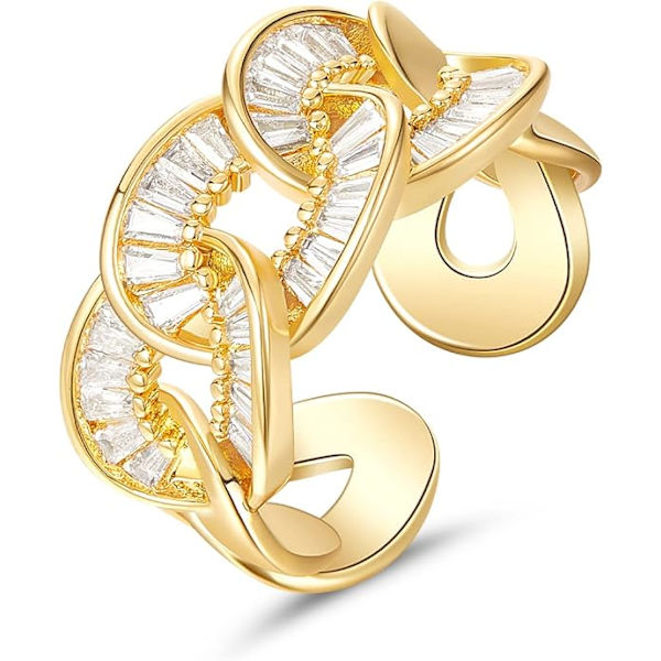 Guldring för kvinnor, 14K guldpläterad justerbar öppen chunky fingerring vriden bandring delikat cubic zirconia smycken gåvor