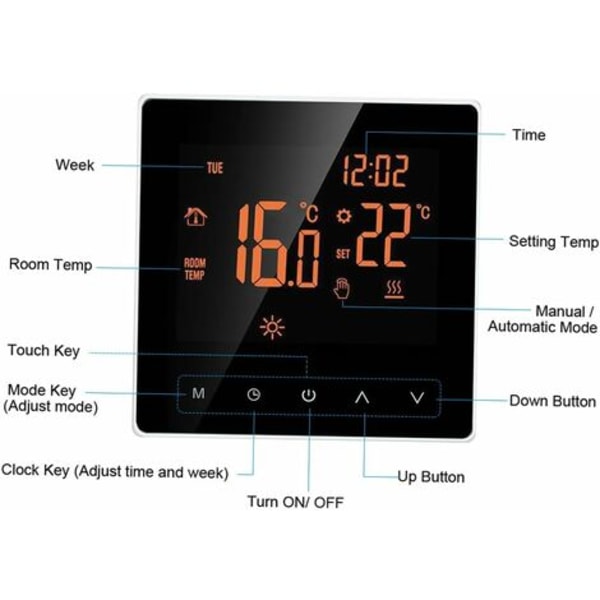 Smart termostat, termostat for elektrisk gulvvarme, 16A, WiFi