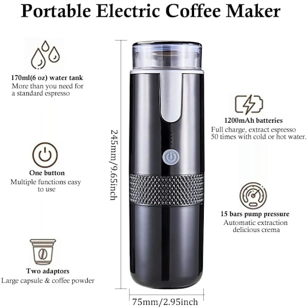 Kannettava espressokone, johdoton sähköinen kahvinkeitin, automatkoille, retkeilyyn, veneilyyn, patikointiin