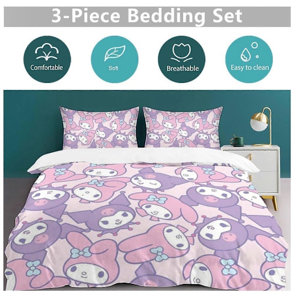 c87 Kuromi ja My Melody Pussilakanasetti 3-osainen Vuodevaatesetti Pehmeä Lämmin ja Mukava Pehmeä Sängynpeite 1 Pussilakanalla ja 2 Tyynyliinalla Makuuhuoneeseen A 200x200cm 78x78in