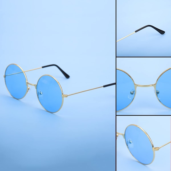 Hippie Solglasögon Paket - Runda Metallbågade Solglasögon Retro Cirkelglasögon för Maskerad Hippie Kostymtillbehör (Rosa, Blå, Gul)