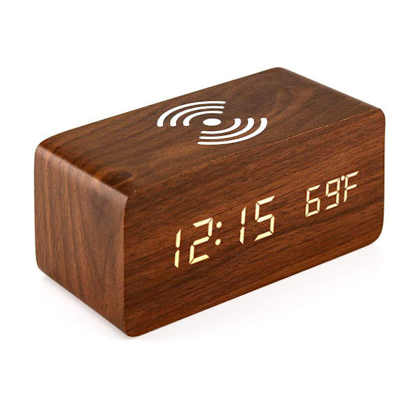 Trådlös digital väckarklocka i trä med trådlös laddning, 3 alarm LED