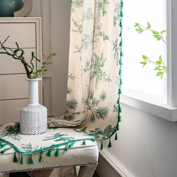 Gardin i bomull och linne med tryck av grön tallkotte, Bed & Breakfast-gardin, halvskuggande, köksdörrsgardin Grön tallkotte - stångkanal Green Pine fruit-wear Rod 150*260