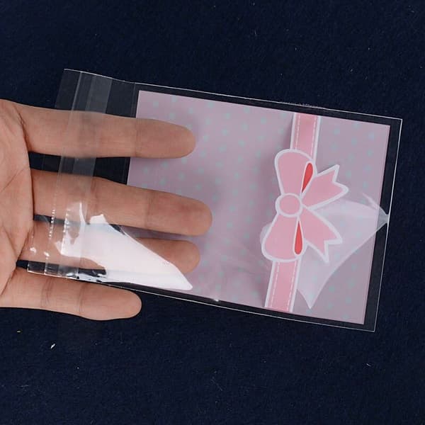 8x10CM+2.8CM 200pcs Pink Bow Pattern Candy Bag Bags with Self-Adhesive for Candy Jewelry