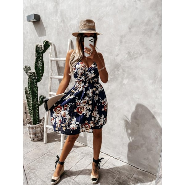 Fashion Print Midje Omslag Slim Kjole (Sort Blomst L)