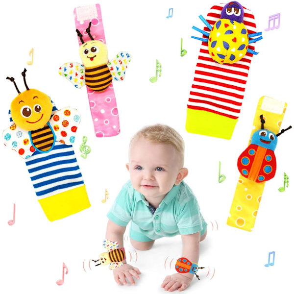 4 st mjuka baby-skallror, handledss skallror och sockleksaker