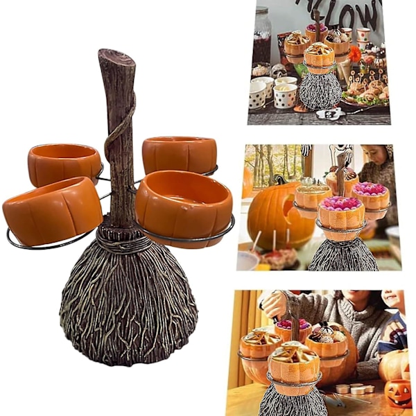 Søte Halloween-hjertepumpe-skåler på kost for servering av fruktsalat snacks Halloween festtilbehør Bordbrikker Stativdekorasjoner（B）