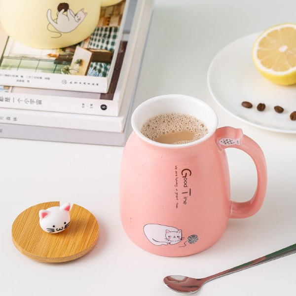 Söt porslinskaffemugg med Kawaii Cat-trälock -