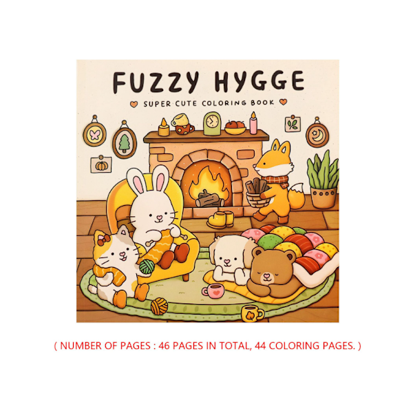 Fuzzy Hygge -värityskirja aikuisille ja teini-ikäisille, jossa on supersöpöjä eläinhahmoja yksinkertaisilla ja helpoilla kuvioilla rentoutumiseen, pokkari