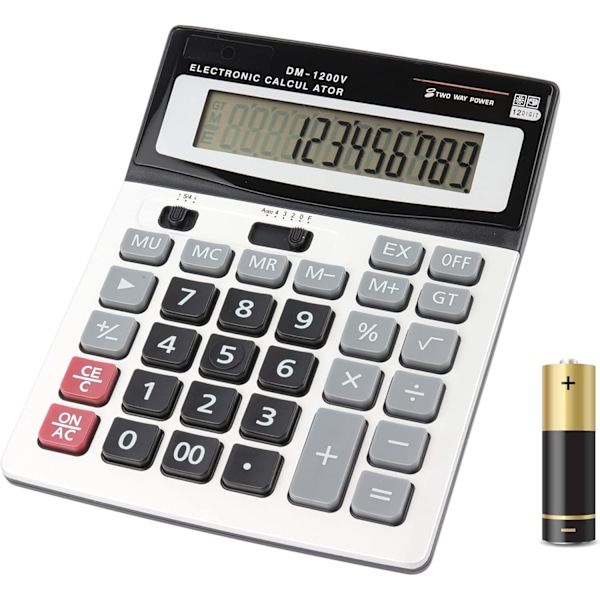 Stor lommeregner solcelle- og batteridrevet 12-cifret display