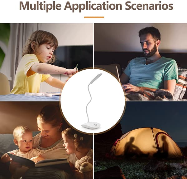 Oppladbar LED-bordlampe med dimmer og bøybar base, hvit