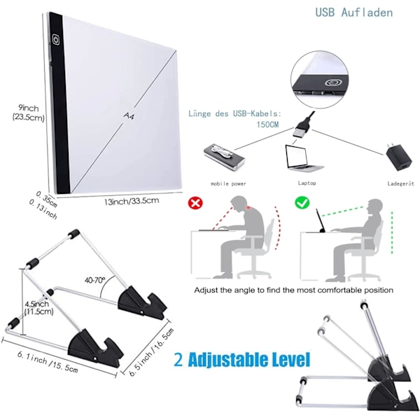Diamantmaling Tilbehør, A4 Lysbrett for Diamantbroderi, Justerbar Lysstyrke Bærbar Lysbord Tegnebrett med USB-kabel Diamant