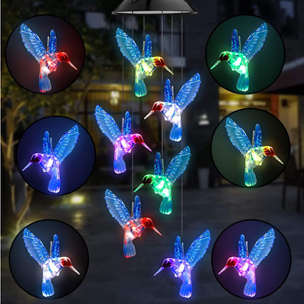 LED solcells vindspel utomhus, kolibri vindspel ljus med växlande färger, för kvinnors gåva, mammas gåva, kvinnors födelsedagspresent för utomhusträdgård