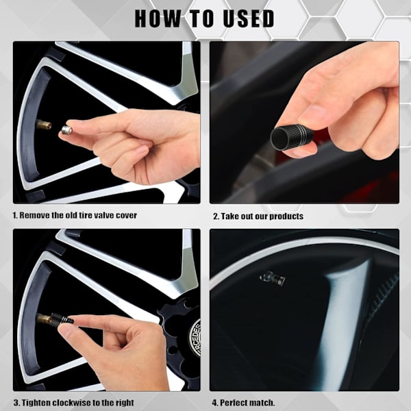 4 stk. 1,6x1 cm Aluminium Auto Ventilkapper, Heavy Duty Dækkapper Cykelventildæksler Lufttæt Tætning til Biler SUV Motorcykler Lastbiler (Sort)