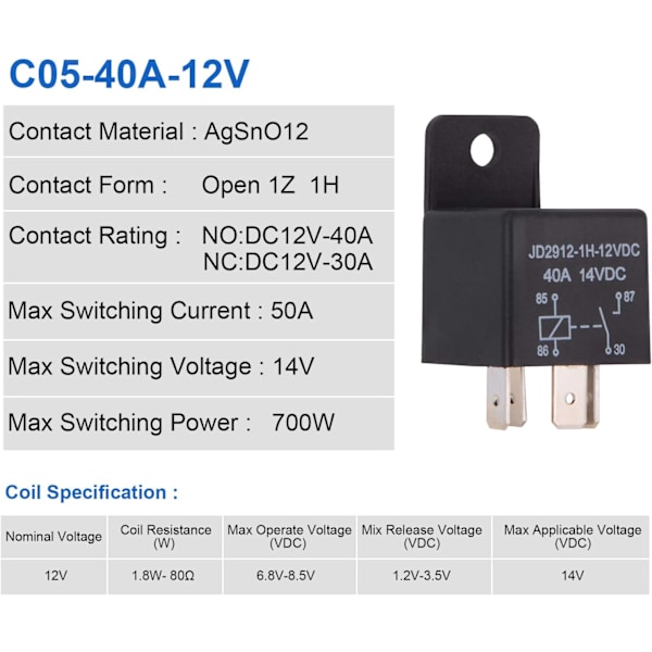 Bilrelä 4-stifts 40 Amp Spst 12v, Modell nr.: JD2912-1H-12VDC 40A 14VDC, Autobrytare och startmotorer, 2-pack