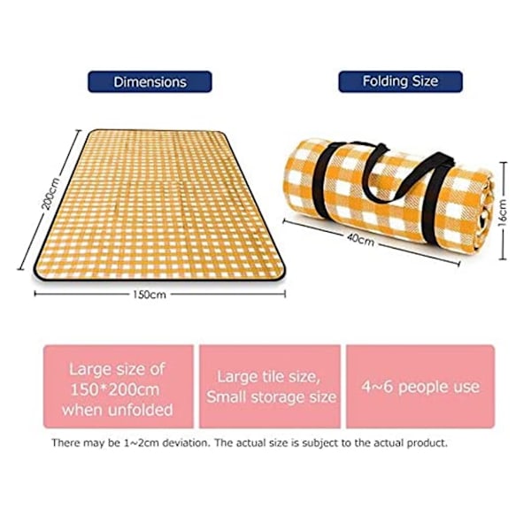 Foldbar Vannbestandig Piknikmatte Teppe for Camping Hage, 150 x 200cm Gul