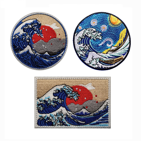 3 stk. Broderet patch i form af Den Store Bølge ud for Kanagawa, til at sy eller stryge på