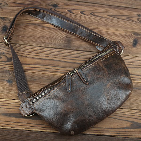 Dyb Kaffe Farveændring - Sommer Ny Ægte Læder Mænds Taske Vintage Crazy Horse Skind Brysttaske Hovedlag Kødkvæg Læder En Skulder Sling Taske Trendy