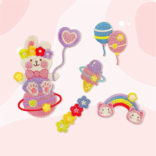 Set med 5 söta kanin planet makron broderade tygmärken lappar paket kläder skor hatt självhäftande broderi
