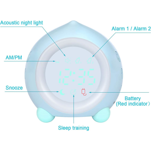 Børnevækkeur med lysende LED (Blå) Digital vækkeur Natlys Pige Drenge Dag Nat Barn Justerbar Lyd Snooze Vækkeur USB Opladning