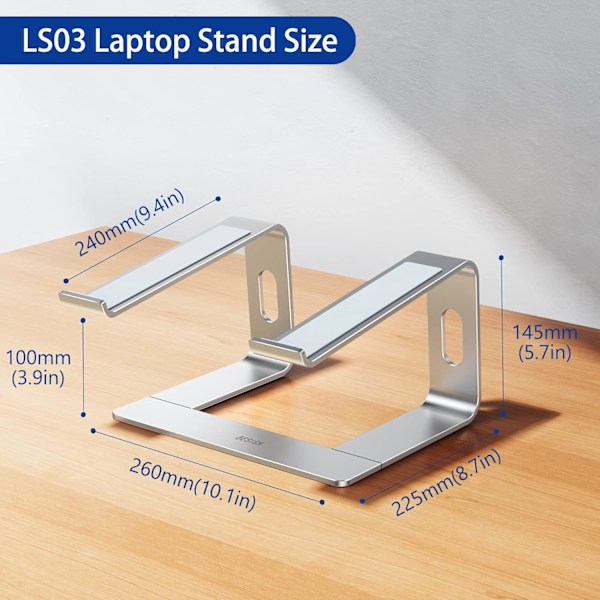 Sølv Metal Laptop Stativ, Ergonomisk Laptop Stativ, Aluminium Laptop Stativ Kompatibel med 10 til 15,6 Tommer