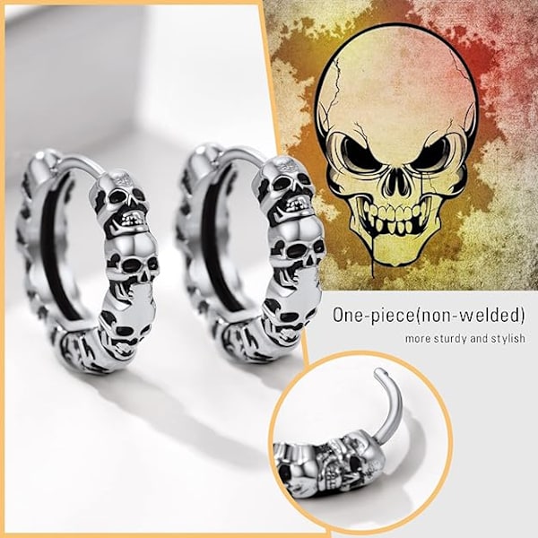 Hängande dödskalleörhänge för män/Creole Skull i stål/Guldpläterad/Svart färg Smycken Punk Style