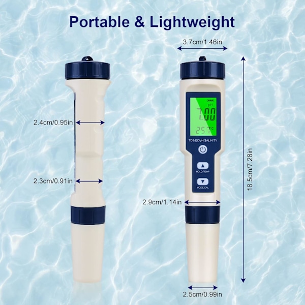 5-i-1 Elektronisk PH-Meter Tester, PH-Meter med Baggrundsbelyst LCD-Skærm, Vandkvalitetstester til Test af PH/TDS/EC/Temperatur/Salinitet, til Drikkevand