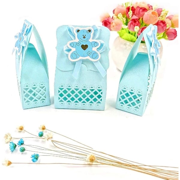 24 blåa babyshower-presentaskar, söta presentaskar för pojkar, till babyshower, födelsedagsfest, dop, nyföddfest, presenter till barnens dag