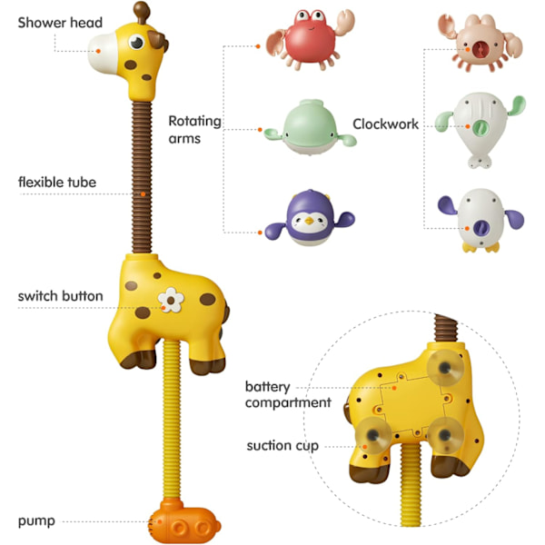 Baby Badleksak Duschhuvud Giraff och 3 Djur Flytande Leksaker, Vattenpump för Badkar Barn 1 2 3 4 År