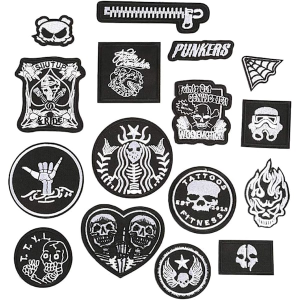 16 st broderade applikationer i svart och vitt för att dekorera kläder, ryggsäckar, kepsar, jeans, skor, jackor, handväskor, etc.