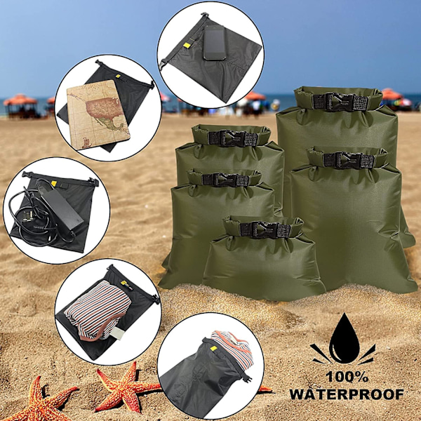 6 Vanntette Tørreposer (Grønn), 1,5L /2,5L/3L /3,5L /5L /8L Lett Tørreposer Bærbar Tørrepose for Utendørs Vandring, Fiske, Camping