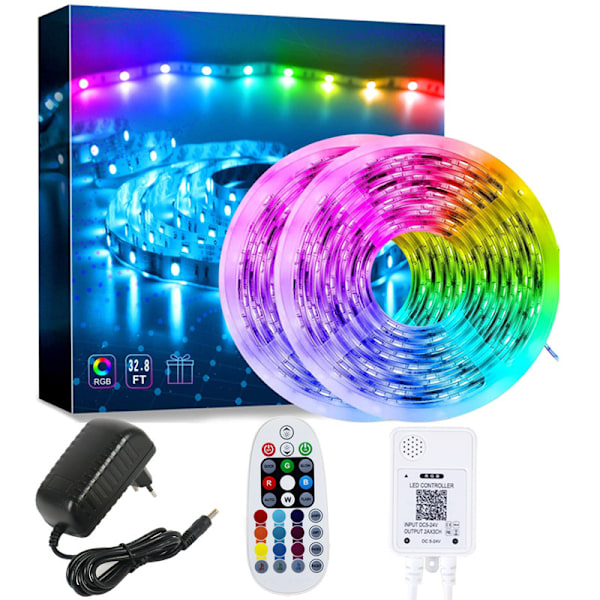 LED-Strips 10M (5Mx2) Bluetooth LED-Strips RGB LED Soveværelse Multi-Farvet Fleksibel Lysstribe, Styret af Smartphone APP, Synkroniser med Musikrytme