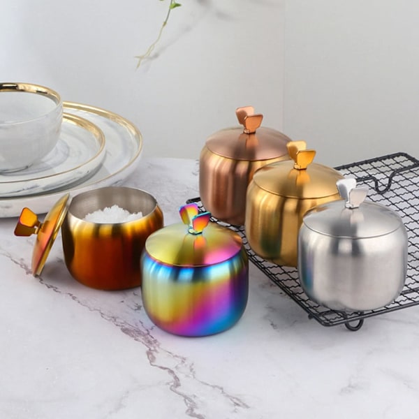 8,5*9,5 cm rostfritt stål köksburk för kryddor Vacker design Krydda Salt Socker Konserverad pepparburk Verktyg med lock A