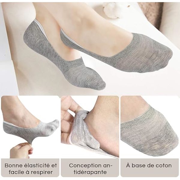 6 Par Usynlige Sokker Mesh Lave Sokker til Kvinder Mænd Usynlige Ankelsokker Åndbare Sokker med Anti-Slip Silikon, Sort, Hvid, Grå