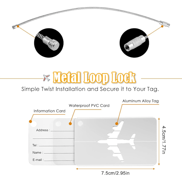 Bagageetikett 6-pack Silver Flygplan Resväska Etikett Aluminiumlegering Bagageetikett med Rostfria Rep och Vattentät PVC-kortetikett