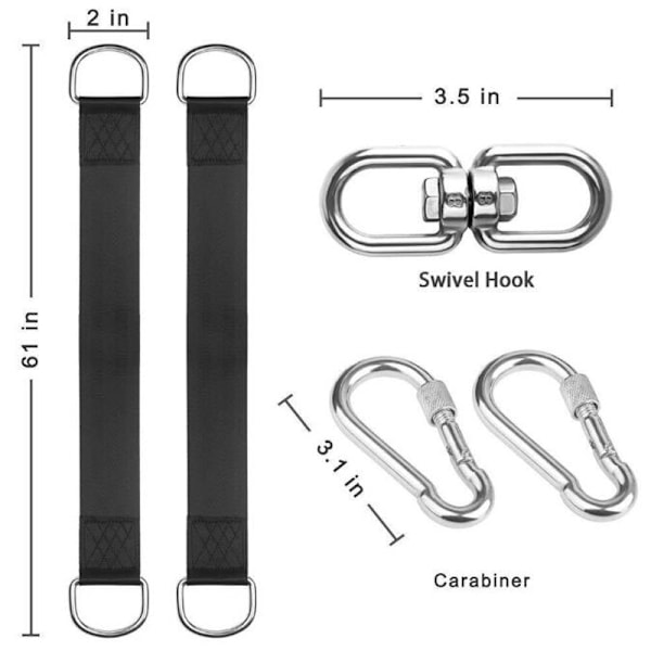 Ultrarobust hengekøye med tunge opphengsstropper 150CM med D-ring - To karabinkroker - Maks belastning 500KG, festetau for hagesving, Hamm