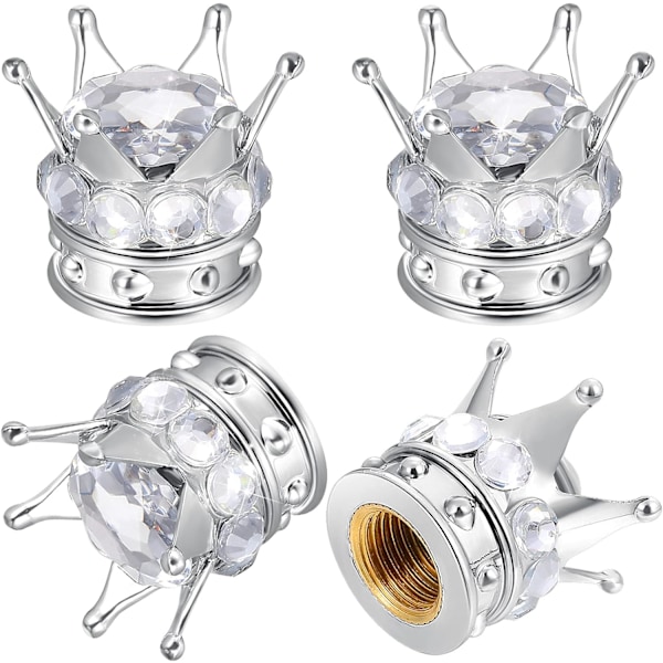 4 Kroner Ventilkapper (Hvid) Universel Bling Ventilkap Krystal Ventilhat Rhinestone Ventilkap Krom Bil Kron Ventil Dæksel