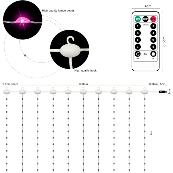 Gardinkrans, USB-ljusgardin 300 LED 3m*3m 8 belysningslägen, fönsterdekoration, jul, bröllop, födelsedag, hem, uteplats, vattentät IP65 (Col