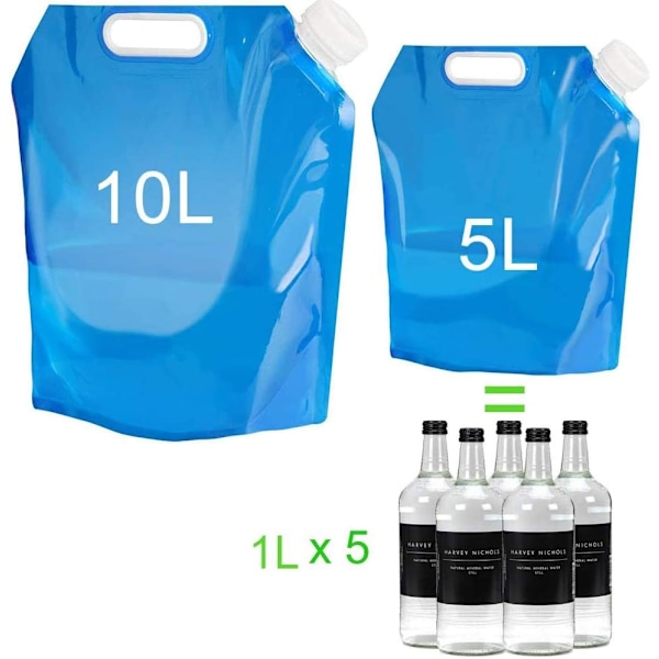 3 stk sammenleggbare vannbager, 1 * 5 L + 2 * 10L lomme bærbare vannbager, gjenbrukbare drikkevannsbeholdere, for sport camping fotturer piknik grill