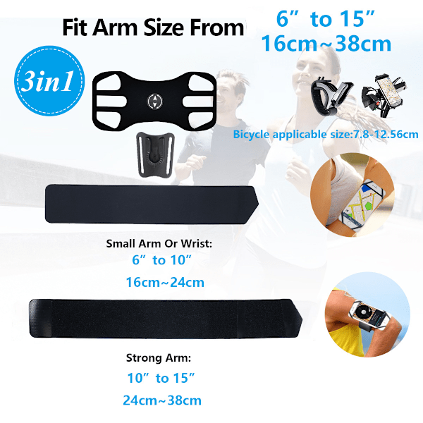 Armbånd - Sort, Arm og Cykelstyr 3 i 1 Universal Smartphone Holder op til 7'' tommer med 360° Rotation Træning Jogging Cykling iPhone X 11 12 Pr