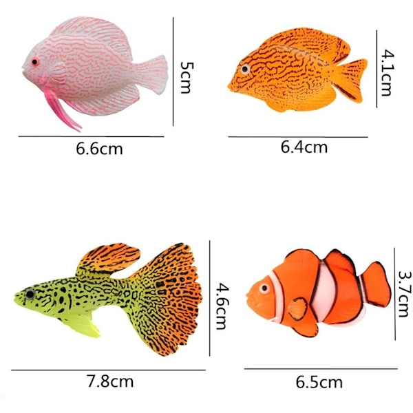Sett med 4 kunstige fisker for fargerik akvariedekorasjon