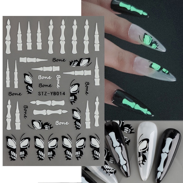 Franska nagelklistermärken stencilklistermärken, 1 ark Halloween manikyrklistermärken INS fjäril skalle Bundy cool lysande