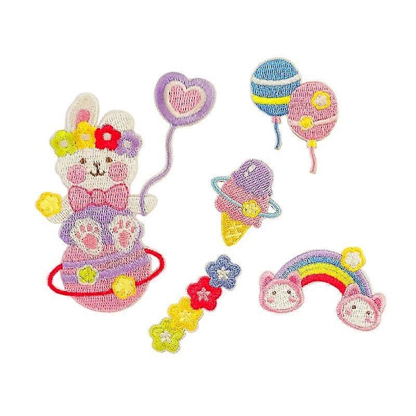 Set med 5 söta kanin planet makron broderade tygmärken lappar paket kläder skor hatt självhäftande broderi