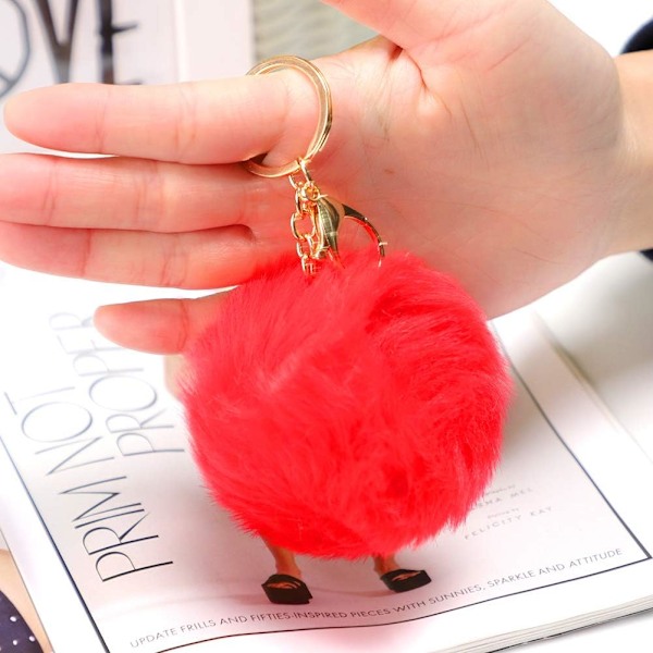 Mjuk konstgjord päls (röd) kanin nyckelring Pompom boll fluffig nyckelring resväska ryggsäckar tillbehör charm för kvinnor flickor