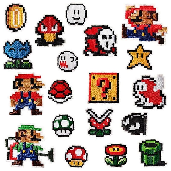 Et sæt med 19 tegneserie spil Mario pixel stof klistermærker computer broderi dekoration taske Zhangzai badge tøj klistermærker patch klistermærker