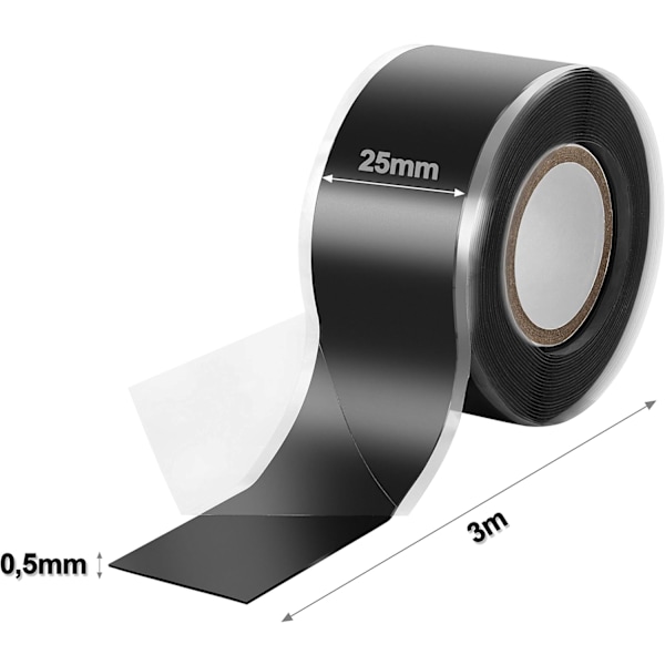 1x 3m Selv-sammensmeltende Silikontape (selv-amalgamering), isoleringsbånd og tætningstrimel (vand, luft), 25 mm bred, sort