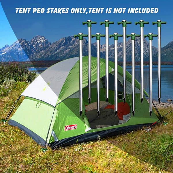 10 stk. teltplugger i stål - Lange, holdbare plugger med plastfeste for camping